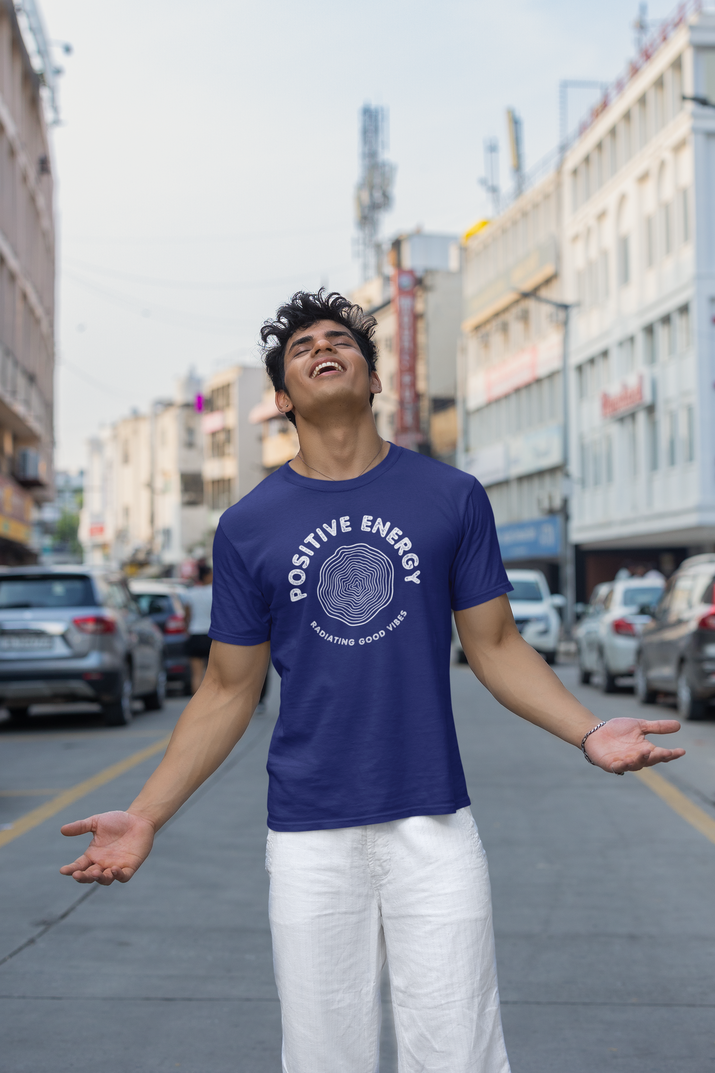 Taurus Monk Positive Energy Graphic T-Shirt in Royal Blue – bold uplifting print tee
