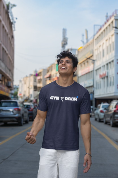 Taurus Monk GYM-ए-DAAR Graphic T-Shirt in Navy Blue – Hindi gym slogan tee