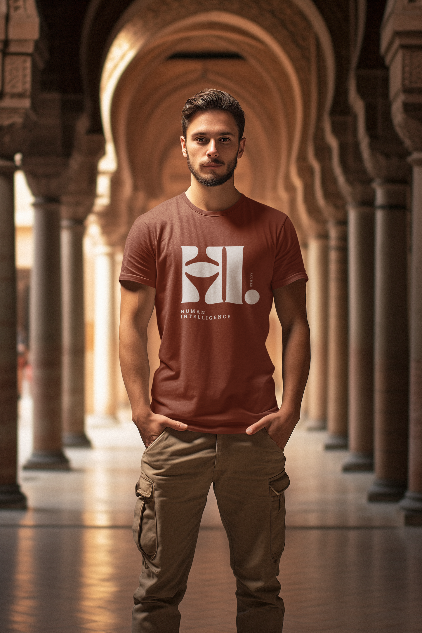 Taurus Monk Human Intelligence Graphic T-Shirt in Brick Red – minimalist concept tee