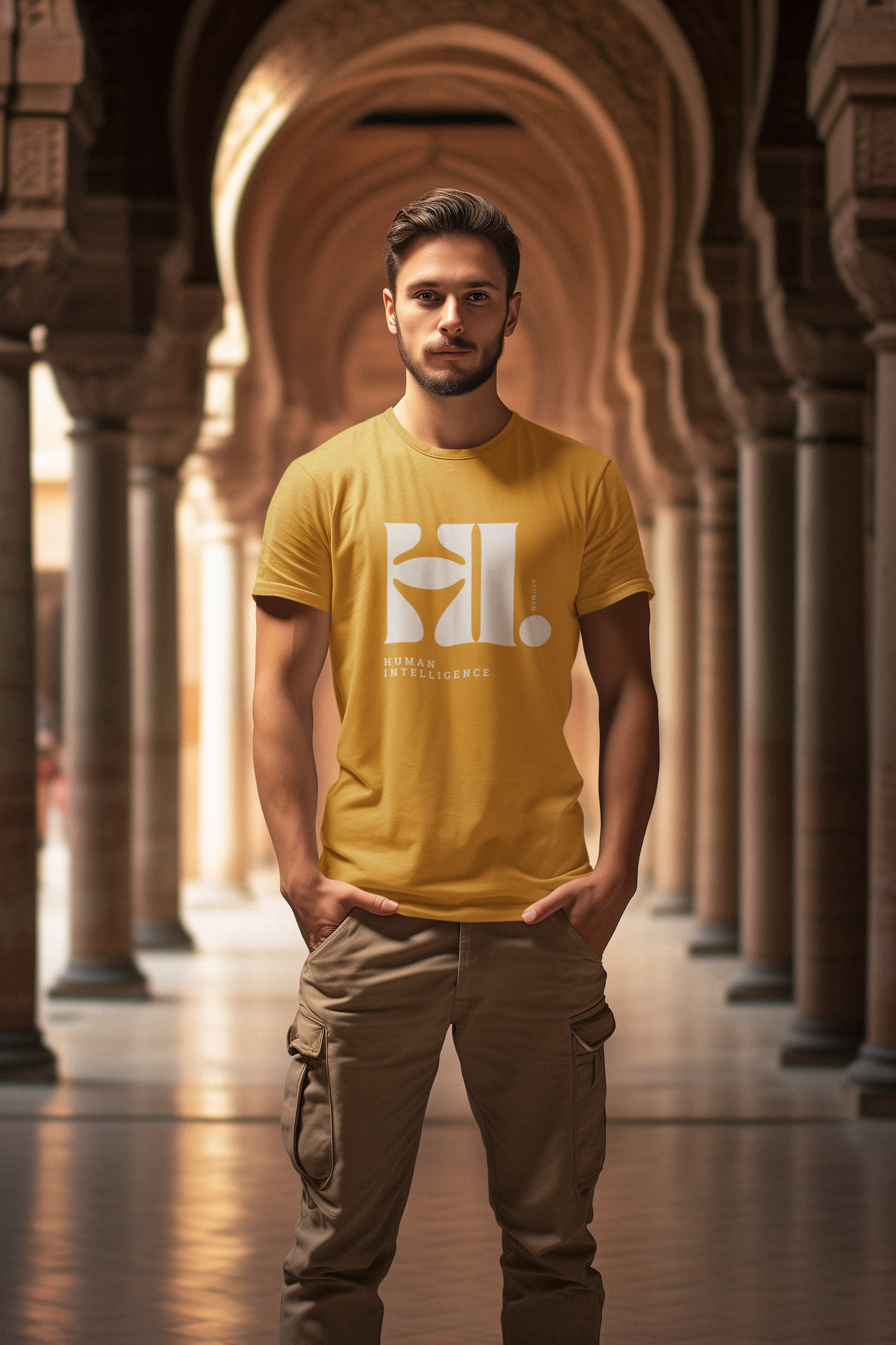 Taurus Monk Human Intelligence Graphic T-Shirt in Mustard Yellow – bold print casual tee
