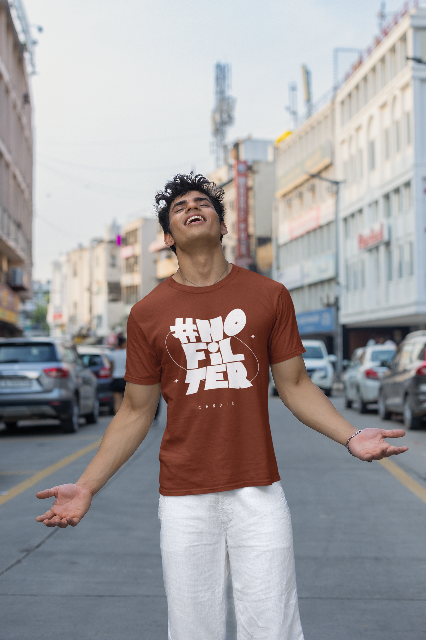 Taurus Monk No Filter Graphic T-Shirt in Brick Red – bold print casual tee