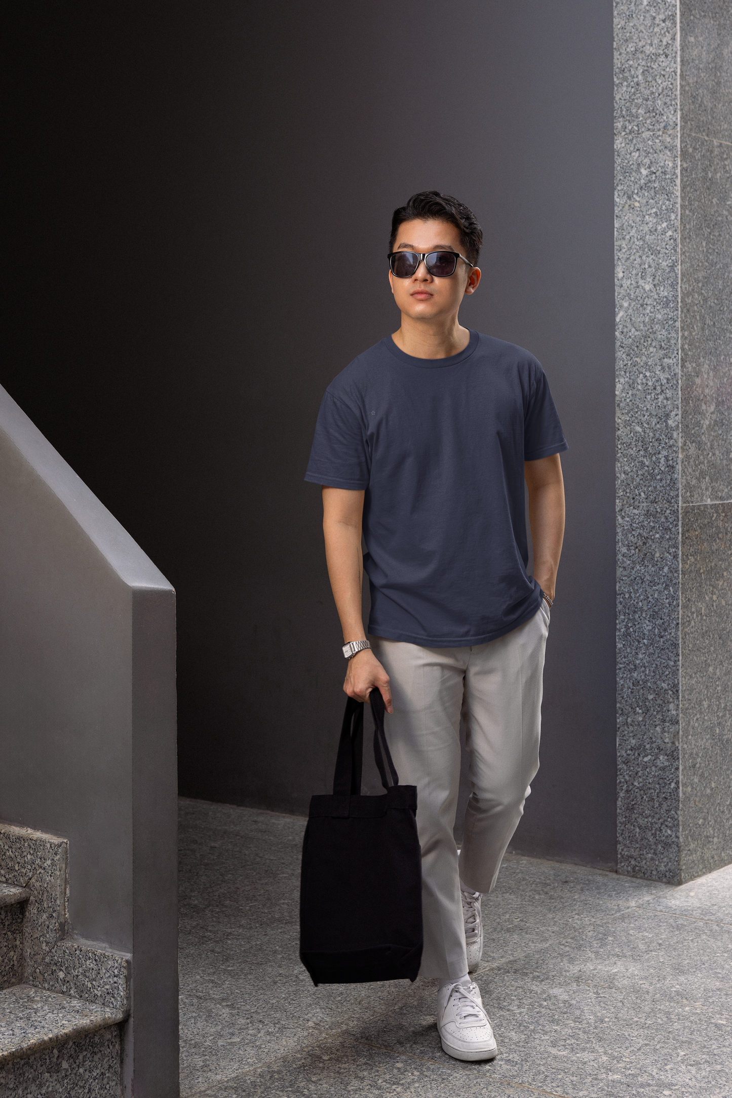 Taurus Monk Plain Regular Fit T-Shirt in Navy Blue – versatile round neck tee