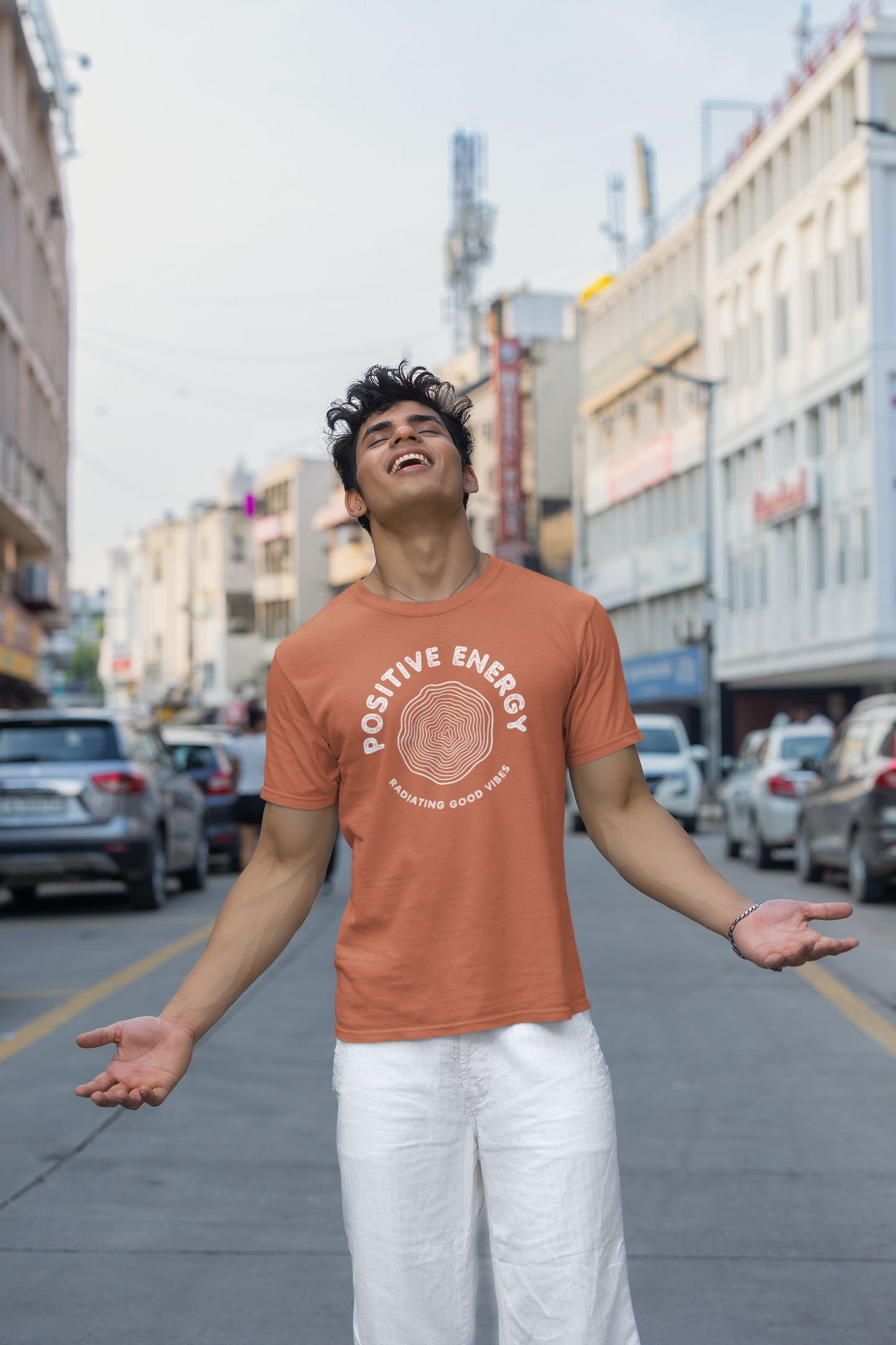 Taurus Monk Positive Energy Graphic T-Shirt in Coral – good vibes casual tee