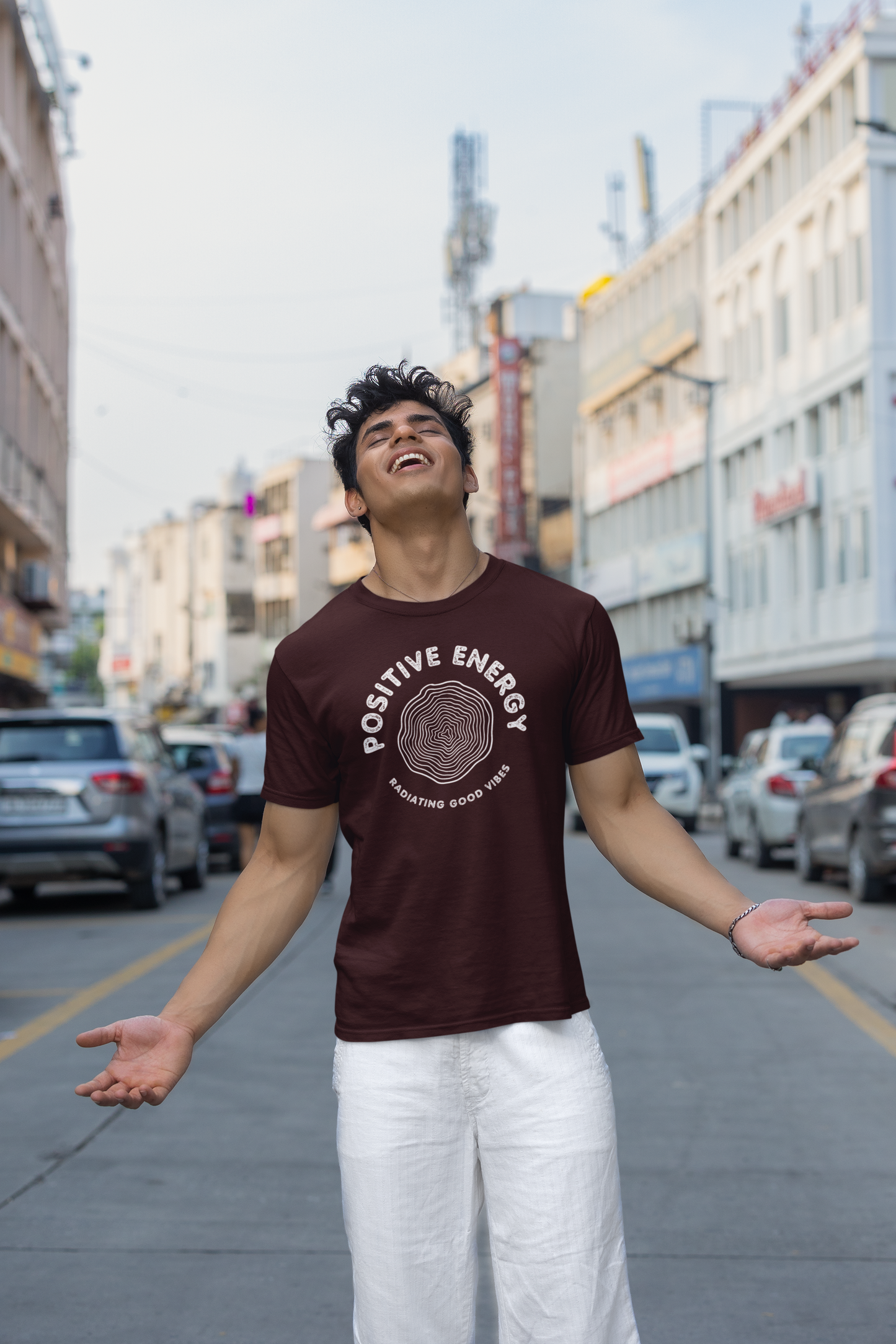 Taurus Monk Positive Energy Graphic T-Shirt in Maroon – uplifting print casual tee