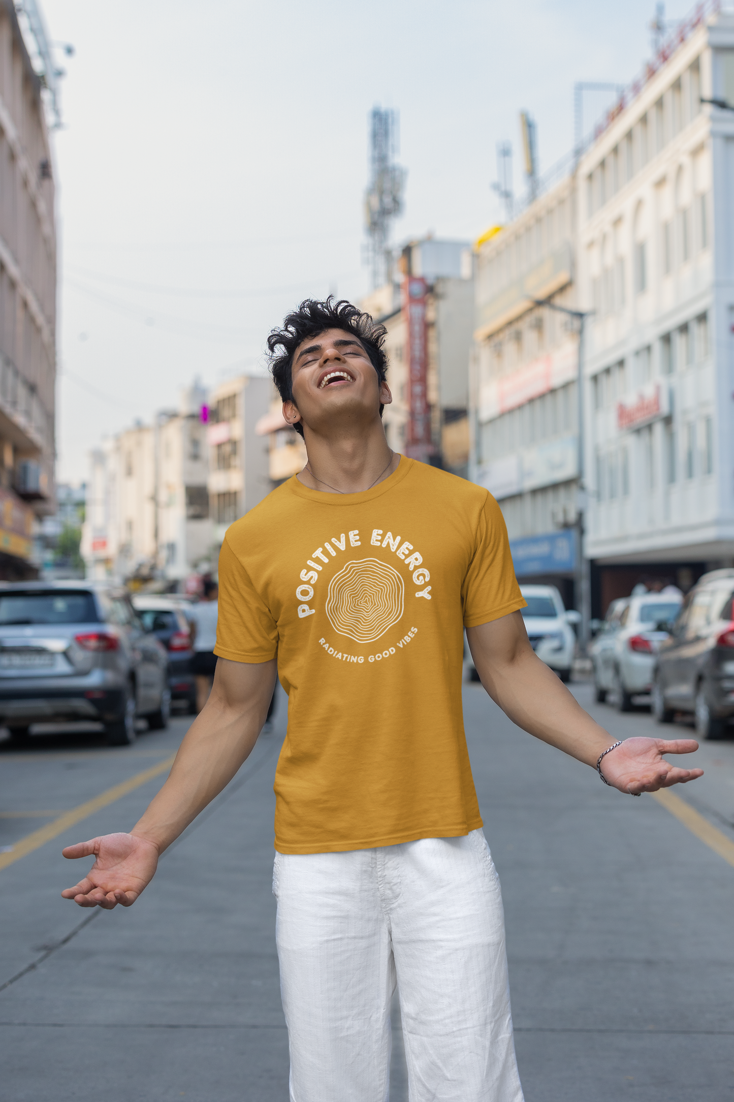 Taurus Monk Positive Energy Graphic T-Shirt in Mustard Yellow – vibrant positive print tee