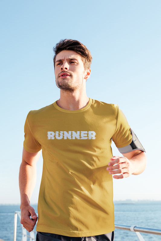 Taurus Monk Runner Graphic T-Shirt in Mustard Yellow – bold running print casual tee