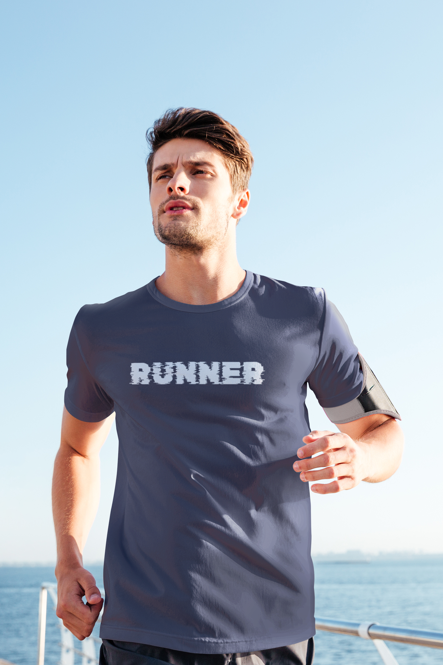 Taurus Monk Runner Graphic T-Shirt in Navy Blue – athletic gym running tee