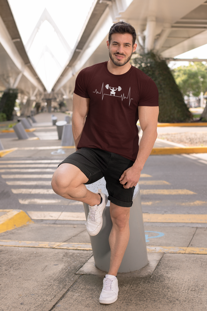 Taurus Monk Workout Heartbeat Graphic T-Shirt in Maroon – bold gym heartbeat tee