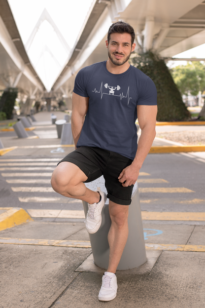 Taurus Monk Workout Heartbeat Graphic T-Shirt in Navy Blue – athletic heartbeat print tee