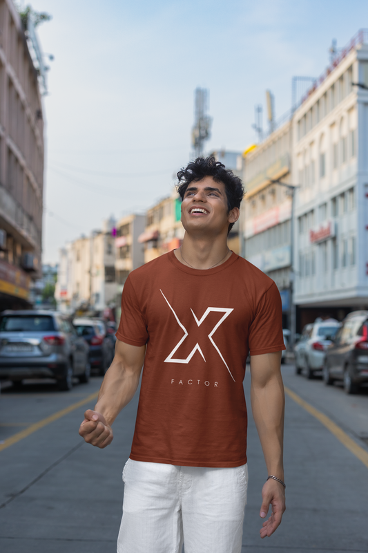 Taurus Monk X Factor Regular Fit Graphic T-Shirt in Brick Red – bold X logo print tee